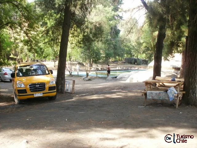 Vehículo y mesas de picnic bajo los pinos con vista a la piscina natural